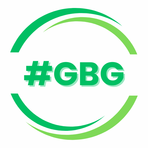 Circular graphic of two different shades of green. Inside the circle it reads hashtag and the letters G B G in capital letters.